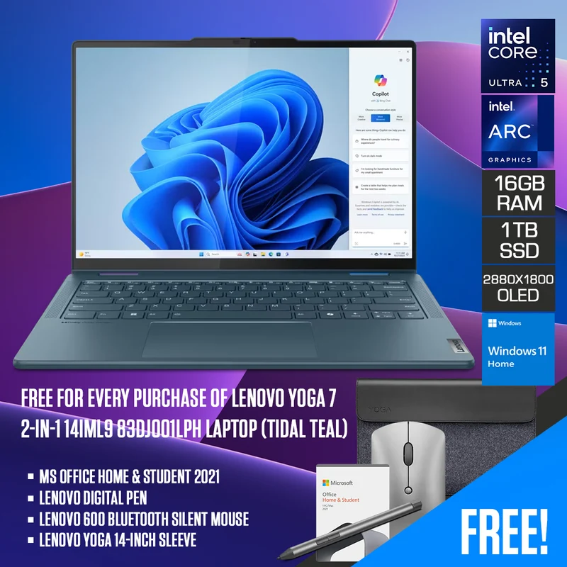 Lenovo Yoga 7 2-In-1 14IML9 83DJ001LPH Laptop (Tidal Teal)|14" 2.8K (2880X1800) OLED|Ultra 5 125H|16GB RAM| 1TB SSD|Intel Arc Graphics|Win11 Home|MS Office Home & Student 2021|Lenovo Digital Pen|Lenovo 600 Bluetooth Silent Mouse|Lenovo Yoga 14-inch Sleeve
