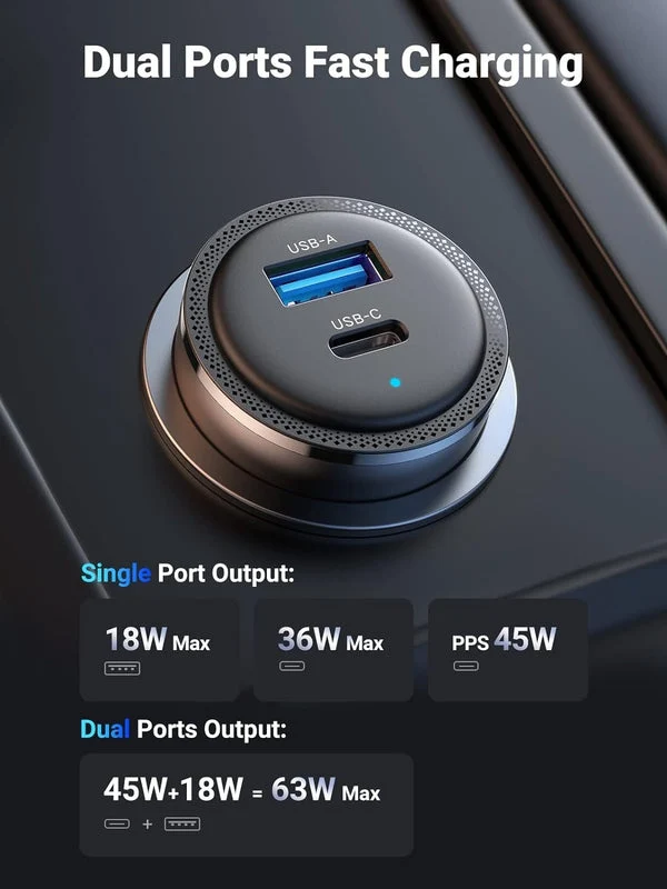 UGreen USB-C PD + USB-A 63W Fast Car Charger (Black) (CD239/90645)