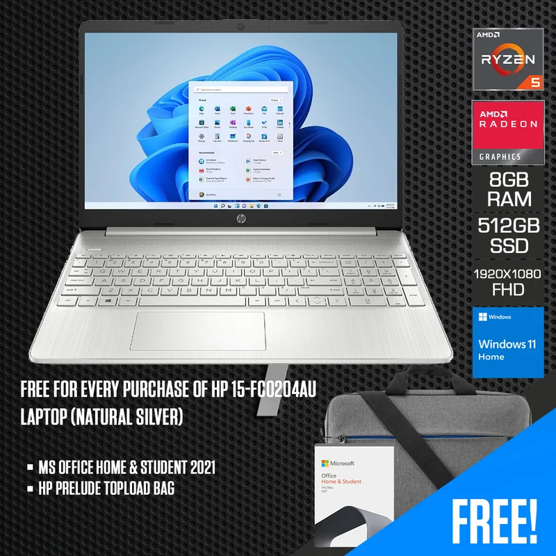 HP 15-FC0204AU Laptop (Natural Silver) | 15.6" FHD (1920x1080) | R5-7520U | 8GB RAM | 512GB Ssd | AMD Radeon Graphics | Windows 11 Home | Ms Office Home & Student 2021 | HP Travel Backpack