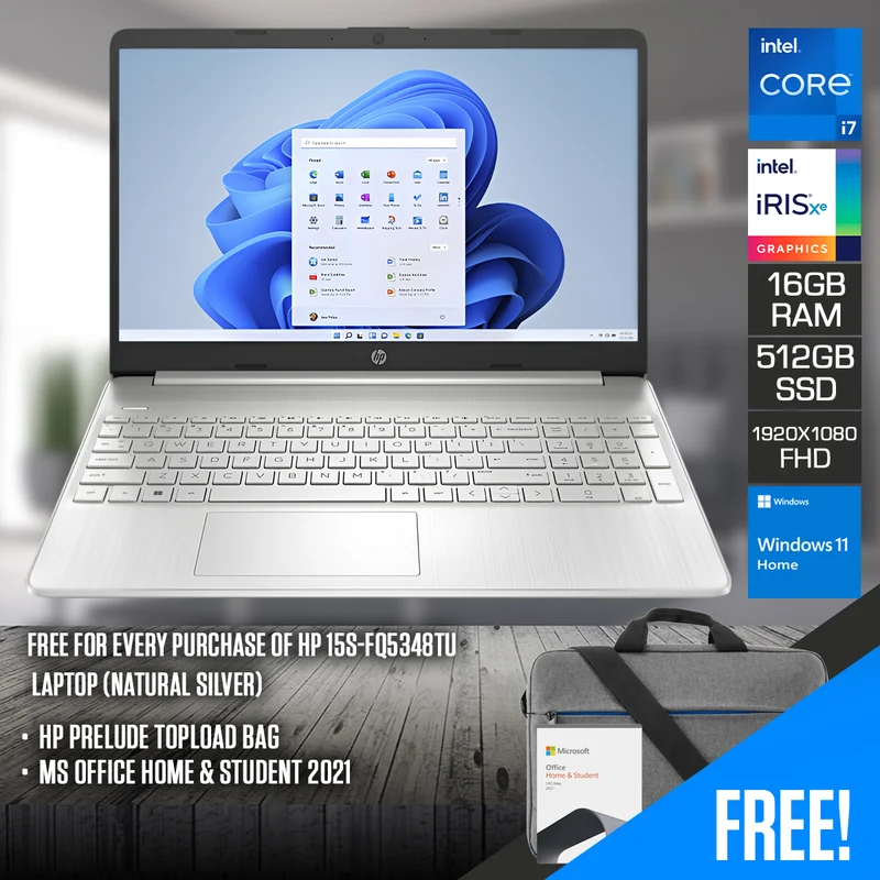 HP 15S-FQ5348TU Laptop (Natural Silver) | 15.6" FHD (1920x1080) | i7-1255U | 16GB RAM | 512GB SSD | Intel Iris Xe | Windows 11 Home | Ms Office Home & Student 2021 | HP Prelude Topload Bag