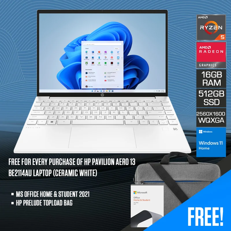 HP Pavilion Aero 13-BE2114AU Laptop (Ceramic White) | 13.3" WQXGA (2560x1600) | R5-7535U | 16GB RAM | 512GB SSD | AMD Radeon Graphics | Windows 11 Home | MS Office Home & Student 2021 | 16 Odyssey Gray Briefcase