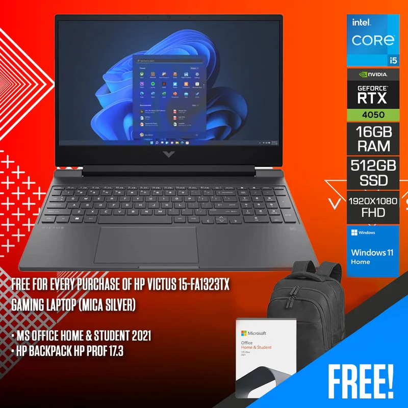 HP Victus 15-FA1323TX Gaming Laptop (Mica Silver) | 15.6" FHD (1920x1080) 144Hz | i5-12450H | 16GB RAM | 512GB SSD | RTX 4050 Windows 11 Home | MS office Home & Student 2021 | Backpack HP Prof 17.3
