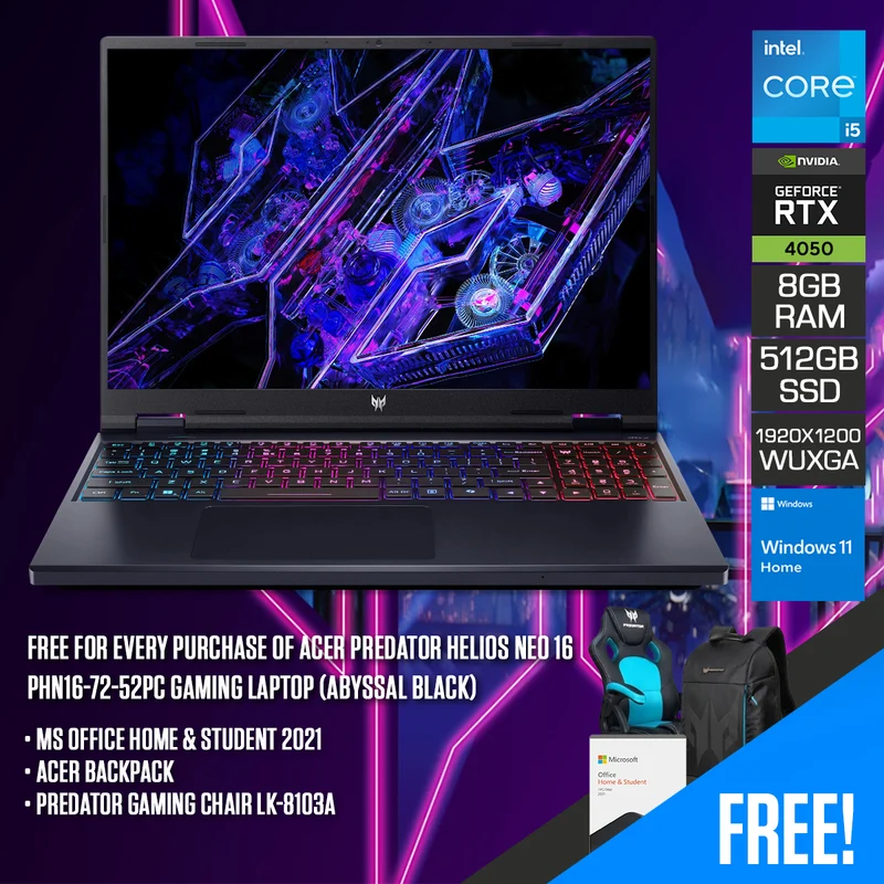 Acer Predator Helios Neo 16 PHN16-72-52PC Gaming Laptop (Abyssal Black) | 16" WUXGA (1920x1200) IPS 165Hz | i5-14500HX | 8GB RAM | 512GB SSD | RTX 4050 | Windows 11 Home | MS Office Home & Student 2021 | Acer Backpack | Predator Gaming Chair LK-8103A