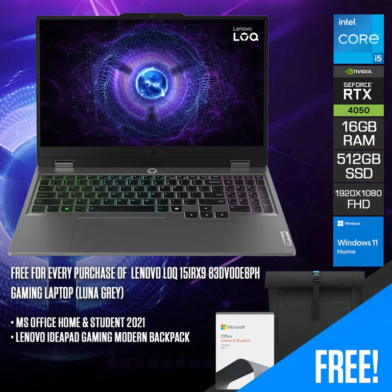 Lenovo LOQ 15IRX9 83DV00E8PH Gaming Laptop (Luna Grey) | 15.6" FHD (1920X1080) IPS 144HZ | i5-13450HX | 8GB RAM | 512GB SSD | RTX 4050 | Windows 11 Home | MS Office Home & Student 2021 | Lenovo Ideapad Gaming Modern Backpack