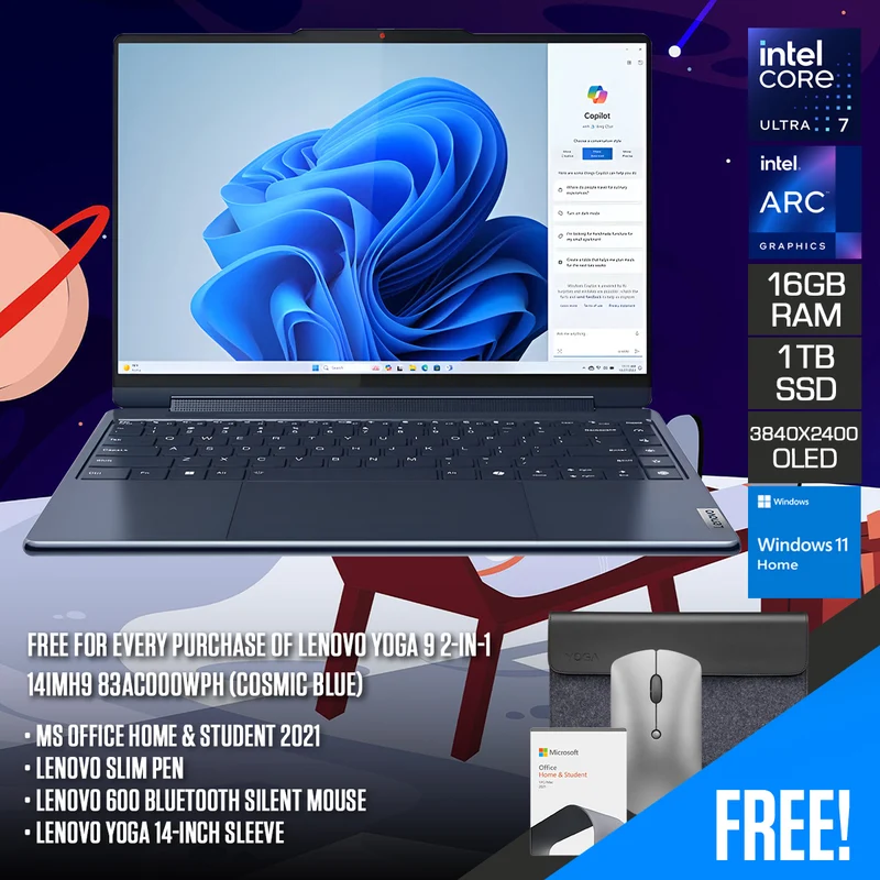 Lenovo Yoga 9 2-in-1 14IMH9 83AC000WPH Laptop(Cosmic Blue)|14" 4K(3840x2400)OLED|Ultra 7 155H|16GB RAM|1TB SSD|Integrated Intel Arc Graphics|Windows 11 Home|MS Office Home & Student 2021|Lenovo Slim Pen|Lenovo 600 BT Silent Mouse|Lenovo Yoga 14” Sleeve