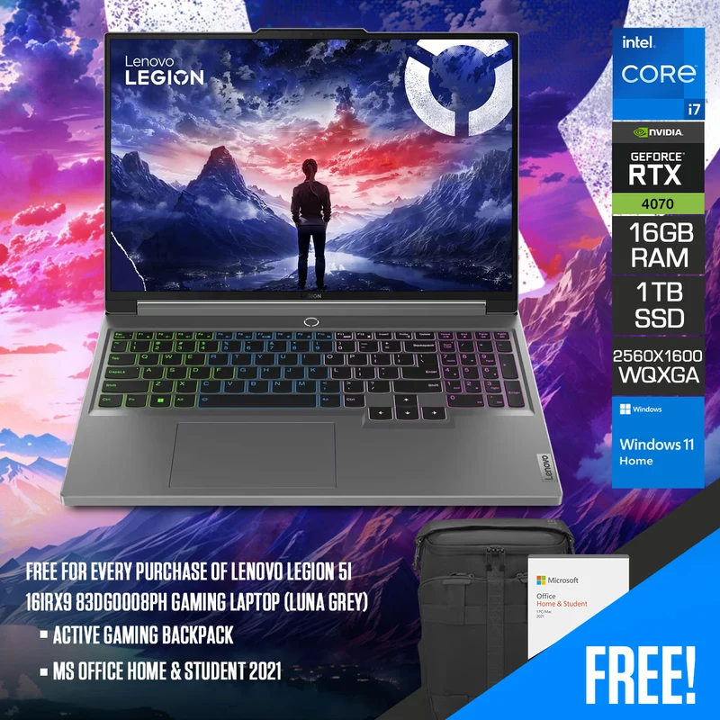 Lenovo Legion 5i 16IRX9 83DG0008PH Gaming Laptop (Luna Grey) | 16" WQXGA (2560x1600) 240Hz | i7-14650HX | 16GB RAM | 1TB SSD | RTX 4070 | 1080P Camera | Windows 11 Home | MS Office Home & Student 2021 | Active Gaming Backpack