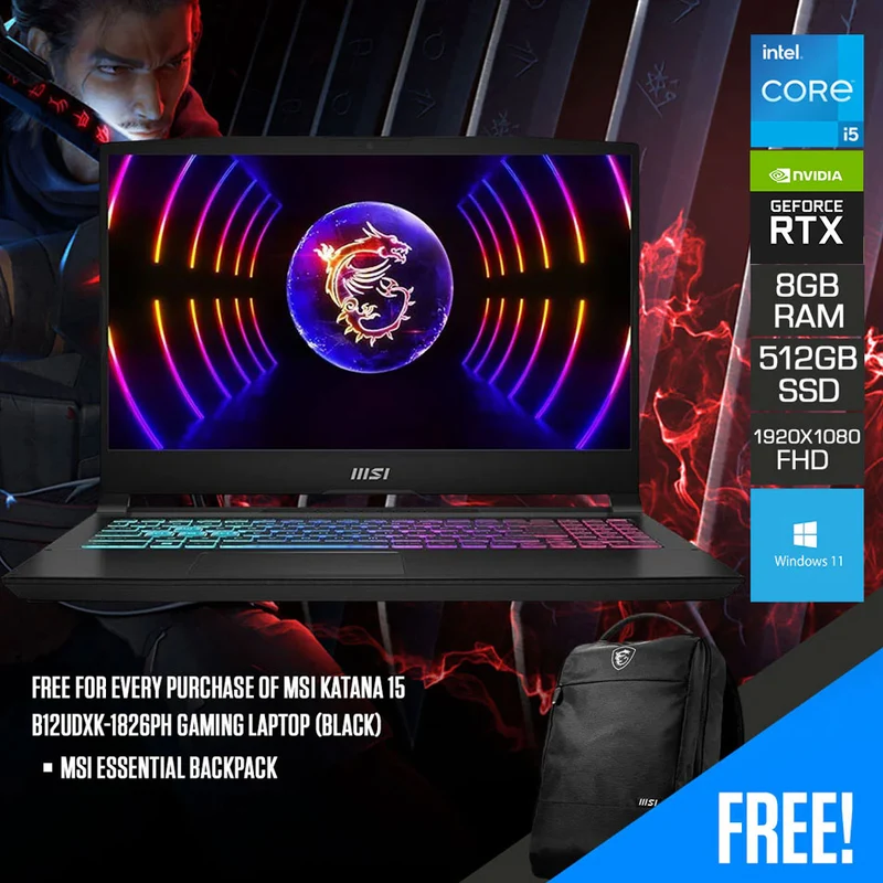 MSI Katana 15 B12UDXK-1826PH Gaming Laptop (Black) | 15.6" FHD (1920x1080) IPS 144Hz | i5-12450H | 8GB RAM | 512GB SSD | RTX 3050 | Windows 11 | MSI Essential Backpack