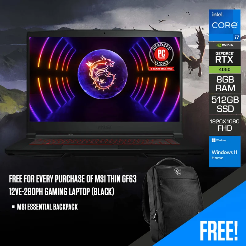 MSI Thin GF63 12VE-280PH Gaming Laptop (Black) | 15.6" FHD (1920x1080) IPS 144Hz | i7-12650H 8GB RAM | 512GB SSD | RTX 4050 | Windows 11 Home | MSI Essential Backpack