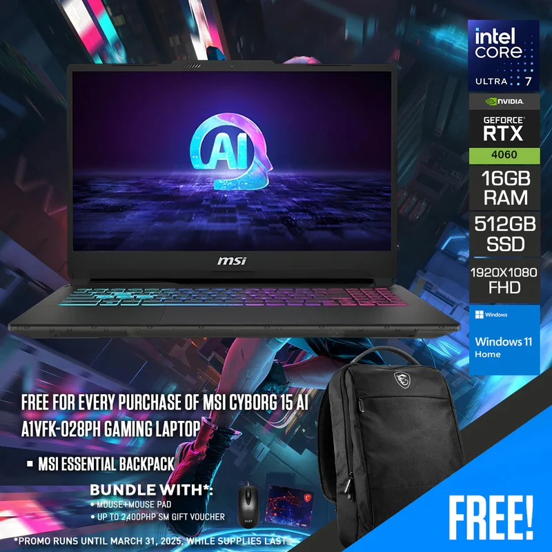 MSI Cyborg 15 AI A1VFK-028PH Gaming Laptop | 15.6" FHD (1920X1080) 144HZ IPS | Intel Core Ultra 7 155H | 16GB RAM | 512GB SSD | RTX 4060 | Windows 11 Home | MSI Essential Backpack
