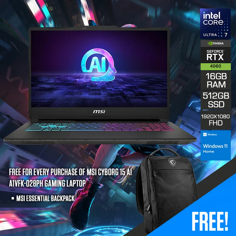 MSI Cyborg 15 AI A1VFK-028PH Gaming Laptop | 15.6" FHD (1920X1080) 144HZ IPS | Intel Core Ultra 7 155H | 16GB RAM | 512GB SSD | RTX 4060 | Windows 11 Home | MSI Essential Backpack