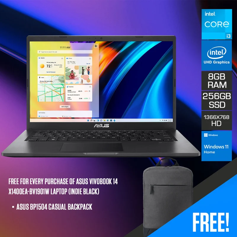 Asus Vivobook 14 X1400EA-BV1901W Laptop (Indie Black) | 14” (1366 x 768) HD | i3-1115G4 | 8GB RAM | 256GB SSD | Intel UHD Graphics | Windows 11 Home | Asus BP1504 Casual Backpack