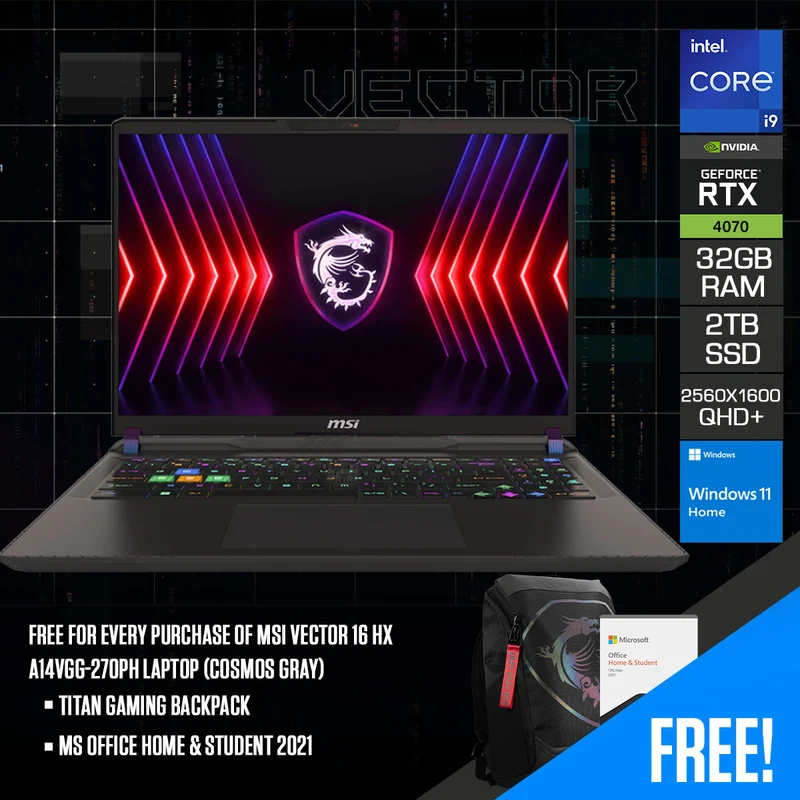 MSI Vector 16 HX A14VGG-270PH Gaming Laptop (Cosmos Gray) | 16" QHD+ (2560x1600) 240Hz IPS | i9-14900HX | 32GB RAM | 2TB SSD | RTX 4070 | Windows 11 | MS Office Home & Student 2021 | Titan Gaming Backpack