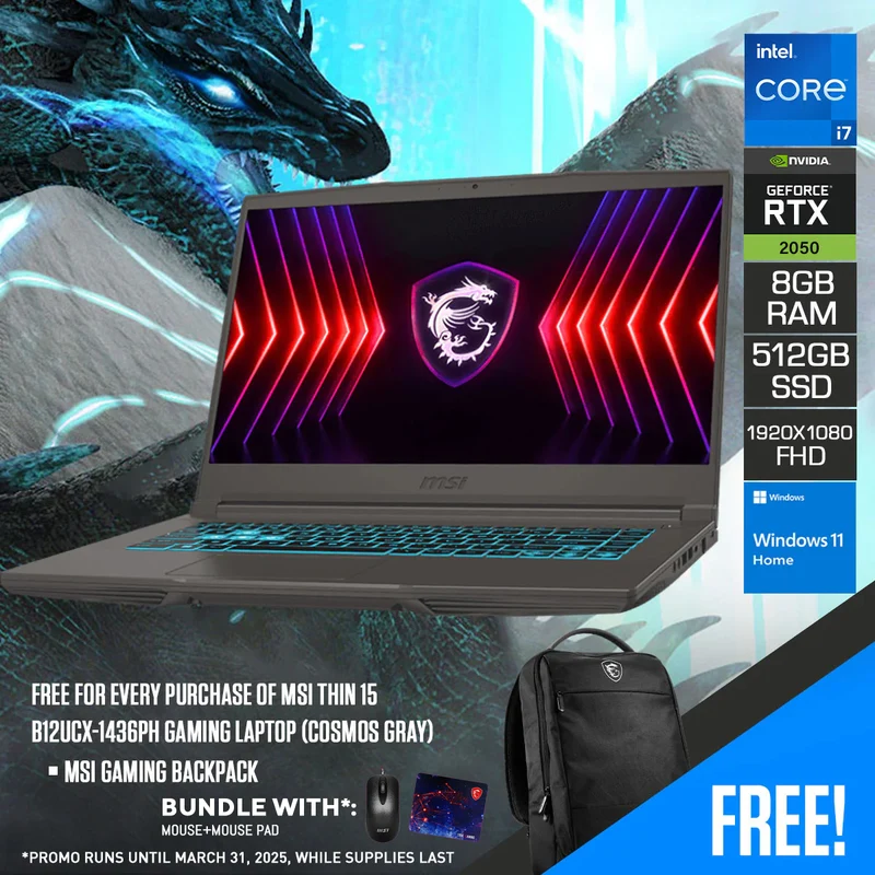 MSI Thin 15 B12UCX-1436PH Gaming Laptop (Cosmos Gray) | 15.6" FHD (1920x1080) IPS 144Hz | i7-12650H | 8GB RAM | 512GB SSD | RTX 2050 | Windows 11 | MSI Gaming Backpack