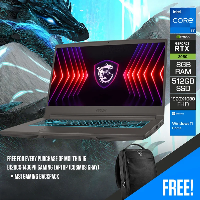 MSI Thin 15 B12UCX-1436PH Gaming Laptop (Cosmos Gray) | 15.6" FHD (1920x1080) IPS 144Hz | i7-12650H | 8GB RAM | 512GB SSD | RTX 2050 | Windows 11 | MSI Gaming Backpack