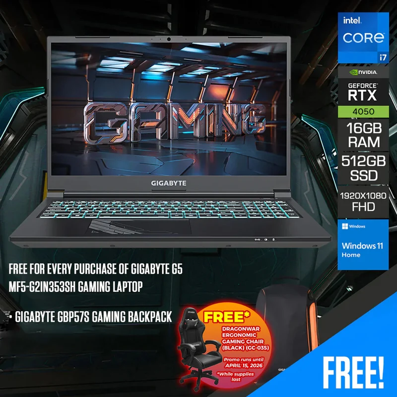 Gigabyte G5 MF5-G2IN353SH Gaming Laptop | 15.6" FHD | i7-12650H | 16GB RAM | 512GB SSD | RTX 4050 | Windows 11 Home | Gigabyte GBP57S Gaming Backpack