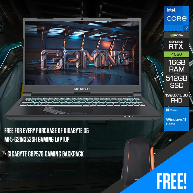 Gigabyte G5 MF5-G2IN353SH Gaming Laptop | 15.6" FHD | i7-12650H | 16GB RAM | 512GB SSD | RTX 4050 | Windows 11 Home | Gigabyte GBP57S Gaming Backpack