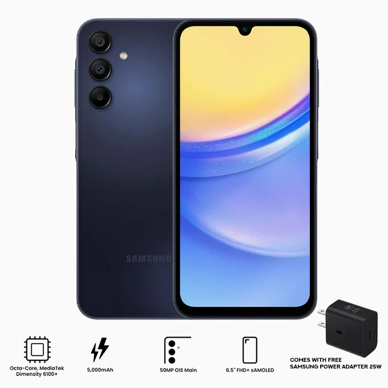Samsung Galaxy A15 5G SM-A156E/DSN (Blue Black) | 256GB+8GB RAM | 5G/LTE + Wi-Fi | 6.5" FHD + Samoled Infinity-U (90Hz) | Android 14 | Octa-Core Mediatek Dimensity 6100+ (6nm) | 50MP + 13MP | 5000mAh | Free Samsung Power Adapter 25W