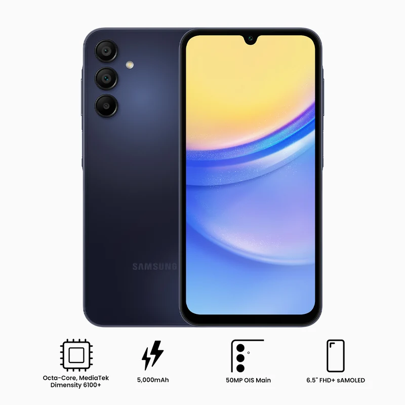 Samsung Galaxy A15 5G SM-A156E/DSN (Blue Black) | 256GB+8GB RAM | 5G/LTE + Wi-Fi | 6.5" FHD + Samoled Infinity-U (90Hz) | Android 14 | Octa-Core Mediatek Dimensity 6100+ (6nm) | 50MP + 13MP | 5000mAh | Free Samsung Power Adapter 25W