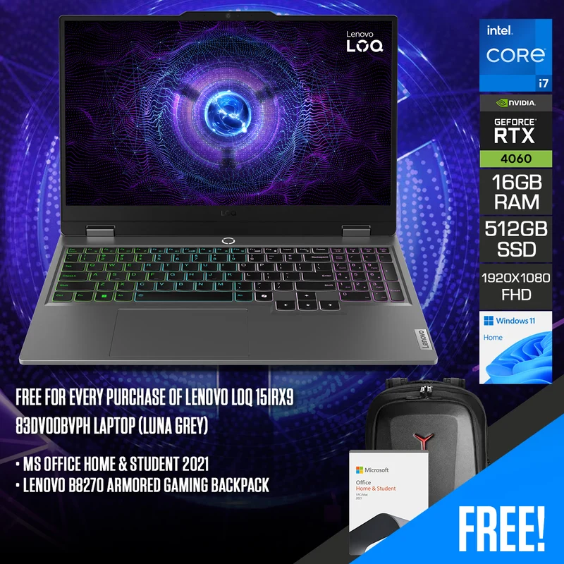 Lenovo LOQ 15IRX9 83DV00BVPH Laptop (Luna Grey) | 15.6" FHD (1920x1080) | i7-14700HX | 16GB RAM | 512GB SSD | RTX 4060 | Windows 11 Home | MS Office Home & Student 2021 | Lenovo Ideapad Gaming Modern Backpack