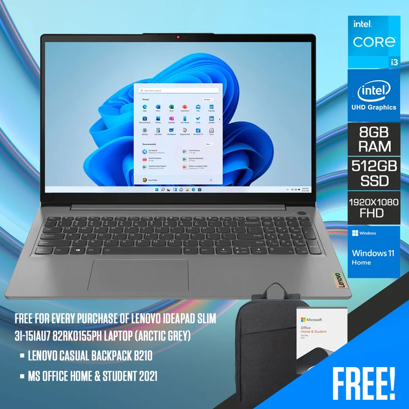 Lenovo IdeaPad Slim 3I-15IAU7 82RK0155PH Laptop (Arctic Grey) | 15.6" FHD (1920x1080) | i3-1215U | 8GB RAM | 512GB SSD | Intel Integrated Graphics | Windows 11 Home | MS Office Home & Student 2021 | Lenovo Casual Backpack B210