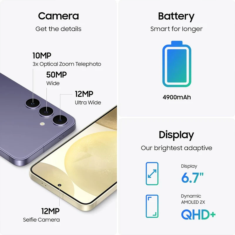 Samsung Galaxy S24+ SM-S926B/Ds | 512GB+12GB RAM | 5G/4G/3G/2G + Wi-fi + Bluetooth | 6.7" QHD + (3120x1440) Dynamic Amoled 2X | Android 14 | Exynos2400 | 50MP + 12MP | 4900mAh (Marble Gray, Onyx Black)