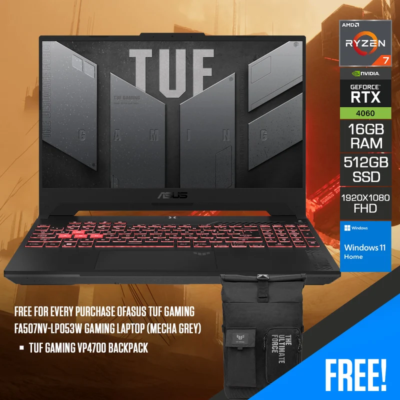 Asus TUF Gaming FA507NV-LP053W Gaming Laptop (Mecha Grey) | | 15.6" FHD | RYZEN 7 7735HS | 16GB DDR5 | 512GB SSD | Geforce RTX 4060 | Windows 11 Home | TUF Gaming VP4700 Backpack