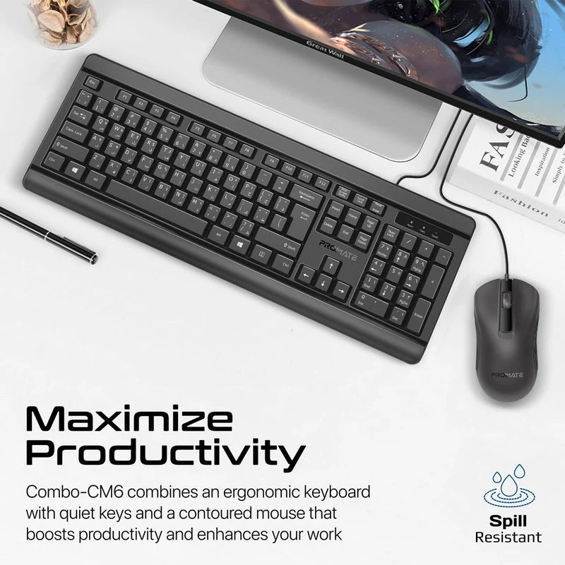 Promate Combo-CM6 Quiet Keys Wired Keyboard And 1200 DPI Mouse (Black)