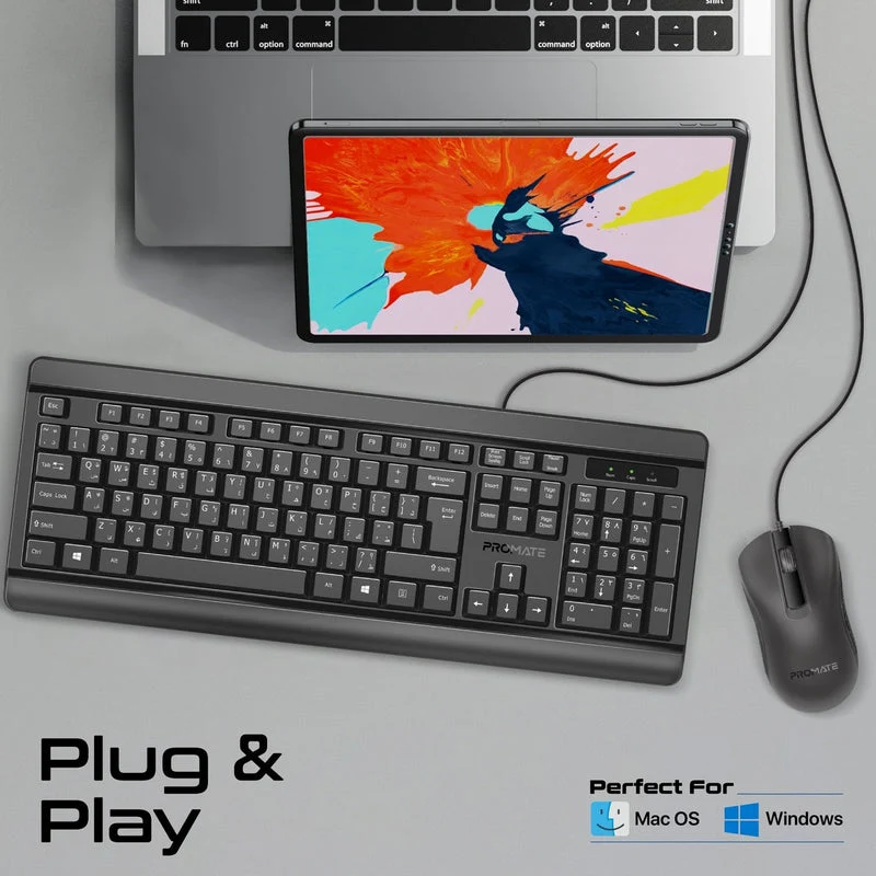 Promate Combo-CM6 Quiet Keys Wired Keyboard And 1200 DPI Mouse (Black)