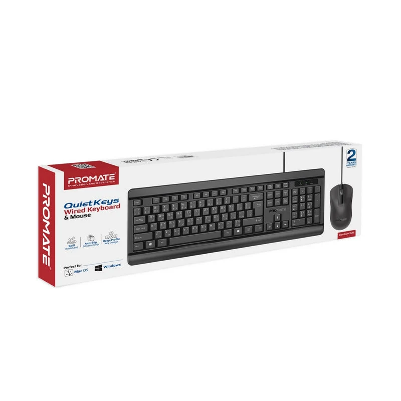 Promate Combo-CM6 Quiet Keys Wired Keyboard And 1200 DPI Mouse (Black)
