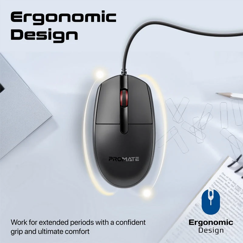 Promate CM-1200 Ergonomic Design Wired Optical Mouse (Black)