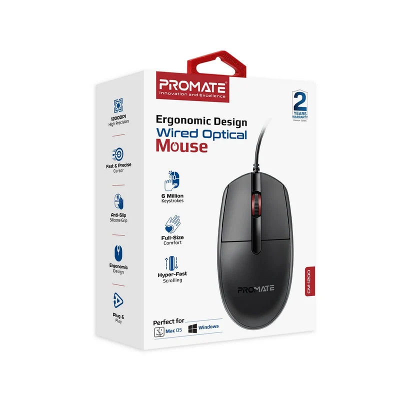 Promate CM-1200 Ergonomic Design Wired Optical Mouse (Black)