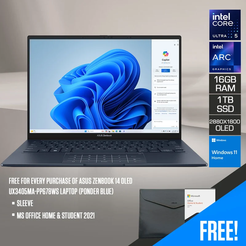 Asus Zenbook 14 OLED UX3405MA-PP678WS Laptop (Ponder Blue) | 14" 3K (2880x1800) OLED 120Hz | i5-Ultra 125H | 16GB RAM | 1TB SSD | Intel Arc | Windows 11 Home | MS Office Home & Student 2021 | Sleeve