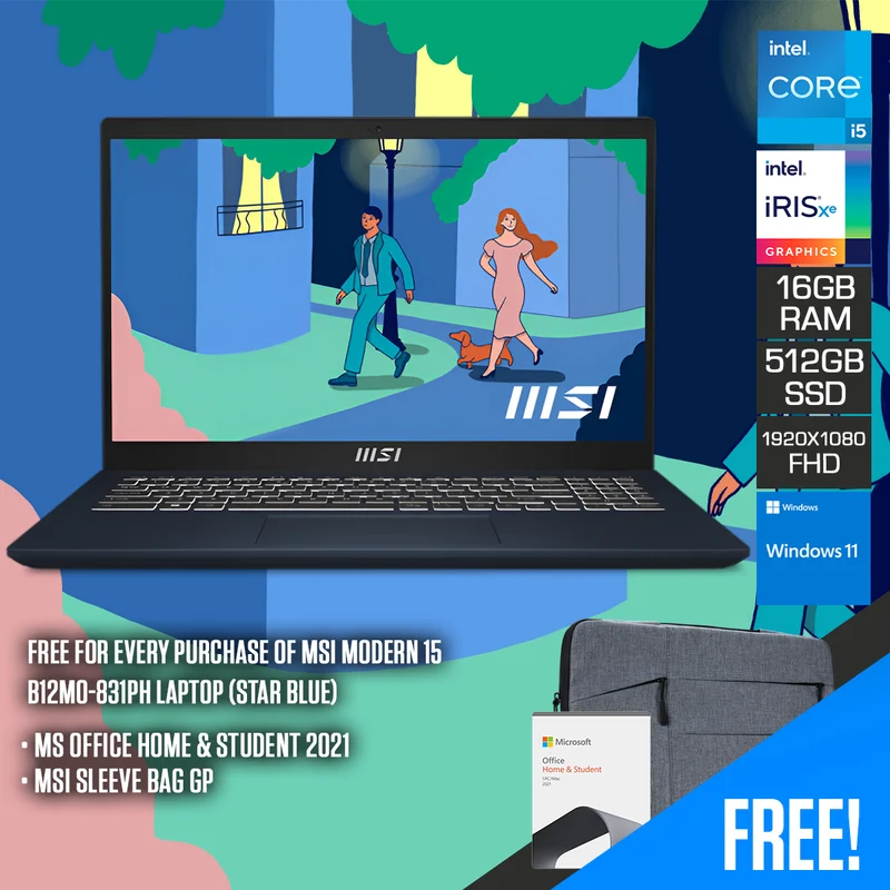 MSI Modern 15 B12MO-831PH Laptop (Star Blue) | 15.6" FHD (1920X1080) IPS | i5-1235U | 16GB RAM | 512GB SSD | Intel Iris XE | Windows 11 | MS Office Home & Student 2021 | MSI Sleeve Bag GP