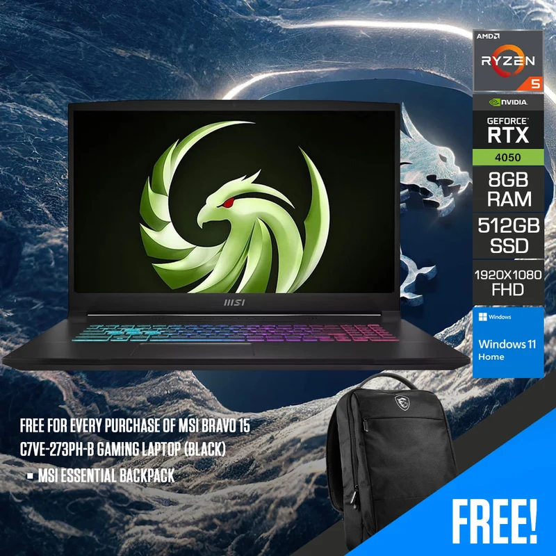 MSI Bravo 15 C7VE-273PH-B Gaming Laptop (Black) | 15.6" FHD (1920X1080) | Ryzen 5 7535HS | 8GB RAM (W/ 2 Memory Slots Upgradeable Up To 64GB) | 512GB SSD | RTX 4050 | Windows 11 Home | MSI Essential Backpack