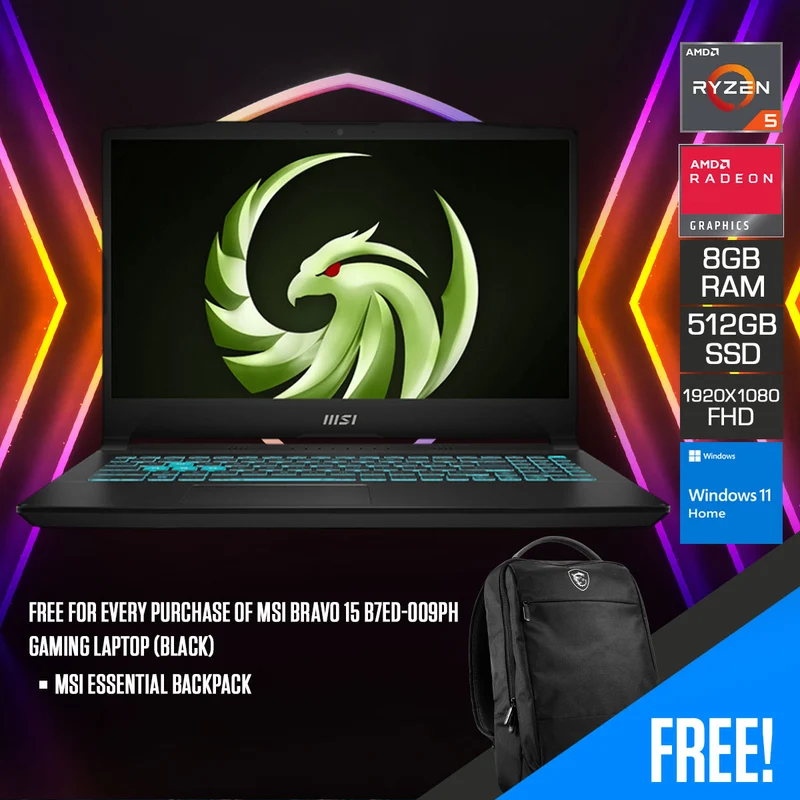 MSI Bravo 15 B7ED-009PH Gaming Laptop (Black) | 15.6" FHD (1920X1080) | Ryzen 5 7535HS | 8GB RAM (W/ 2 Memory Slots Upgradeable Up To 64GB) | 512GB SSD | RX 6550M | Windows 11 Home | MSI Essential Backpack