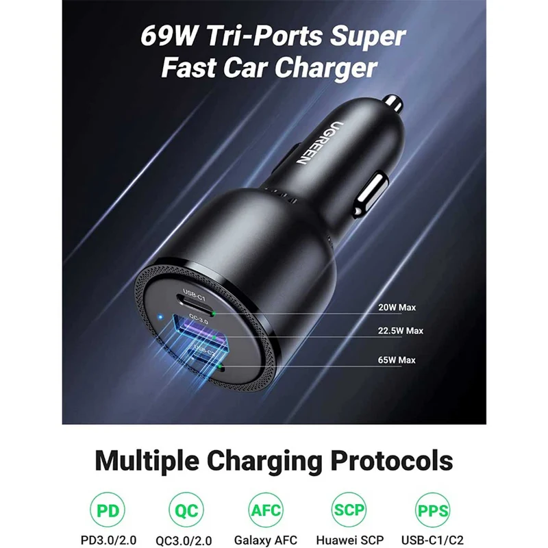 UGreen 3-Port 2XUSB-C PD+USB-A 69W Fast Car Charger (Black) (CD239/20467)