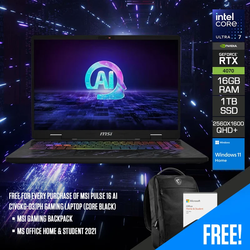 MSI Pulse 16 AI C1VGKG-031PH Gaming Laptop (Core Black) | 16" QHD+ (2560x1600) 240Hz IPS | Ultra 7 155h | 16GB RAM | 1TB SSD | RTX 4070 | Windows 11 | MS Office Home & Student 2021 | MSI Gaming Backpack