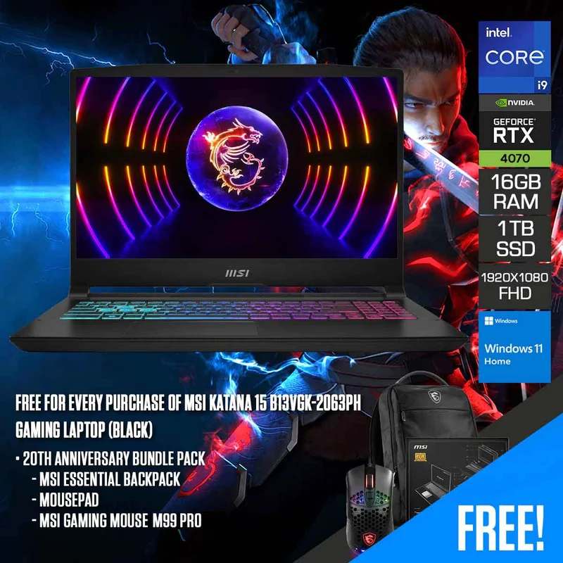 MSI Katana 15 B13VGK-2063PH Gaming Laptop (Black) | 15.6" FHD (1920x1080) 144Hz IPS | i9-13900H | 16GB RAM | 1TB SSD | RTX 4070 | Windows 11 Home | 20th Anniversary Bundle Pack