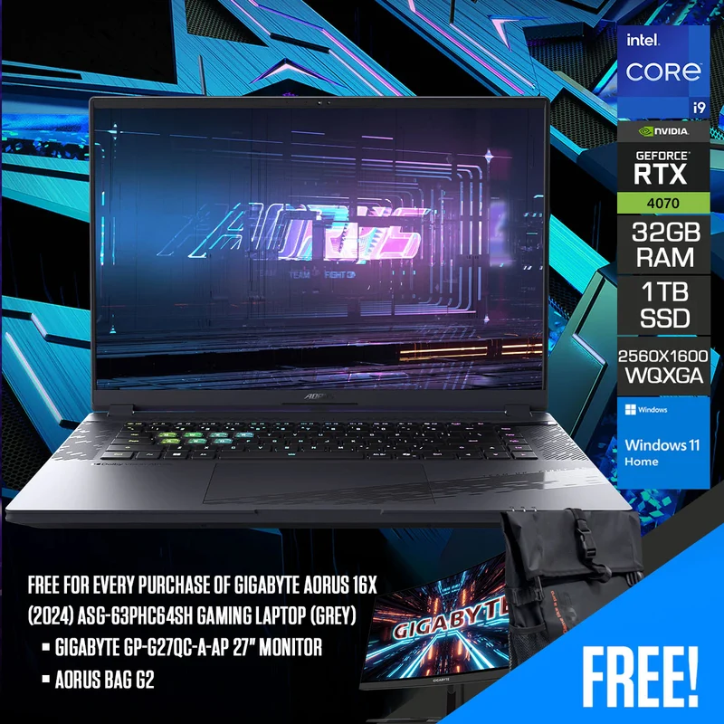 Gigabyte Aorus 16X (2024) ASG-63PHC64SH Gaming Laptop (Grey) | 16" QHD 165Hz | i9-14900HX | 32GB RAM | 1TB SSD | RTX 4070 | Windows 11 Home | Aorus Bag G2 | Gigabyte GP-G27QC-A-AP 27" Monitor