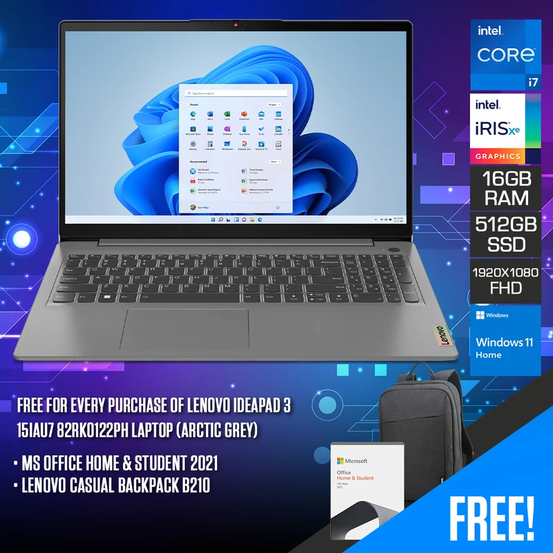 Lenovo Ideapad 3 15IAU7 82RK0122PH Laptop (Arctic Grey) | 15.6" FHD (1920X1080) IPS | i7-1255U | 16GB RAM | 512GB SSD | Integrated Intel Iris XE Graphics | Windows 11 Home | MS Office Home & Student 2021 | Lenovo Casual Backpack B210