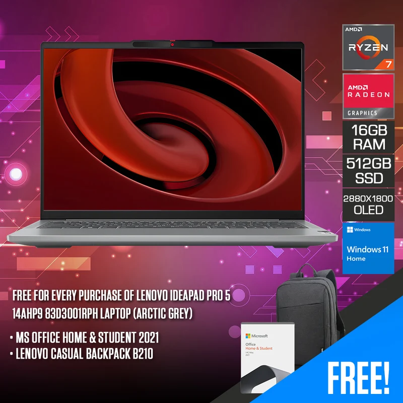 Lenovo Ideapad Pro 5 14AHP9 83D3001RPH Laptop (Arctic Grey) | 14" 2.8K (2880X1800) OLED | R7 8845HS | 16GB RAM | 512GB SSD | Integrated AMD Radeon 780M Graphics | Windows 11 Home | MS Office Home & Student 2021 | Lenovo Casual Backpack B210