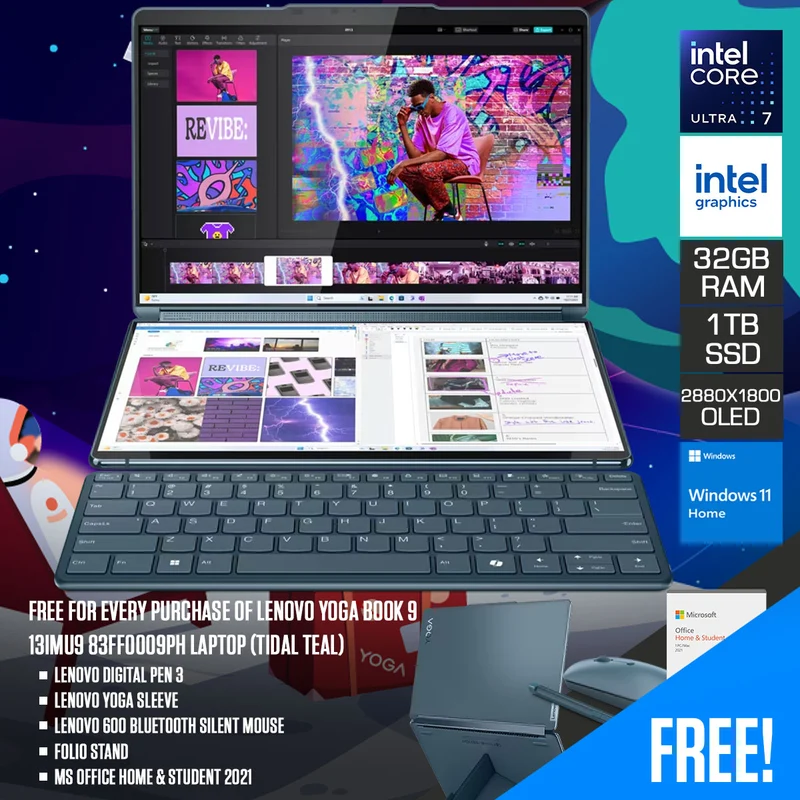 Lenovo Yoga Book 9 13IMU9 83FF0009PH Laptop (Tidal Teal)|2X 13.3" 2.8K (2880x1800) OLED|Intel Ultra 7-155U|32GB RAM|1TB SSD|Integrated Intel Graphics|Win11 Home|MS Office 2021|Lenovo Digital Pen 3|Yoga Sleeve|Lenovo 600 Bluetooth Silent Mouse|Folio Stand