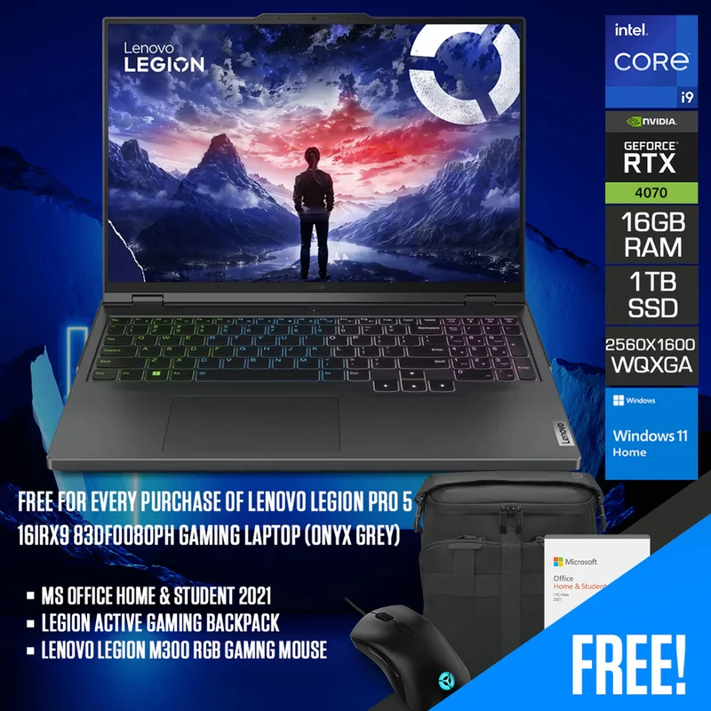 Lenovo Legion Pro 5 16IRX9 83DF0080PH Gaming Laptop (Onyx Grey) | 16" WQXGA (2560x1600) IPS 240Hz | i9-14900HX | 16GB RAM | 1TB SSD | RTX 4070 | Win 11 Home | MS Office H&S 2021 | Legion Gaming Backpack | Lenovo Legion M300 RGB Gaming Mouse