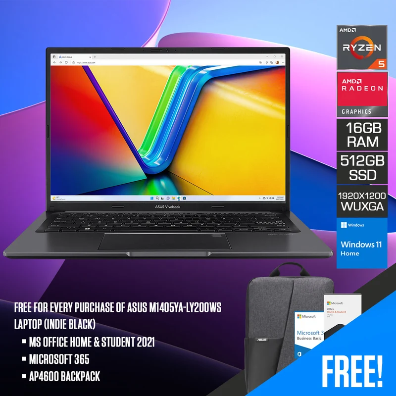 Asus M1405YA-LY200WS Laptop (Indie Black) | 14" 16:10 IPS| R5-7430U | 16GB RAM | 512GB SSD | UMA | Windows 11 Home | MS Office Home & Student 2021 + Microsoft 365 | AP4600 Backpack