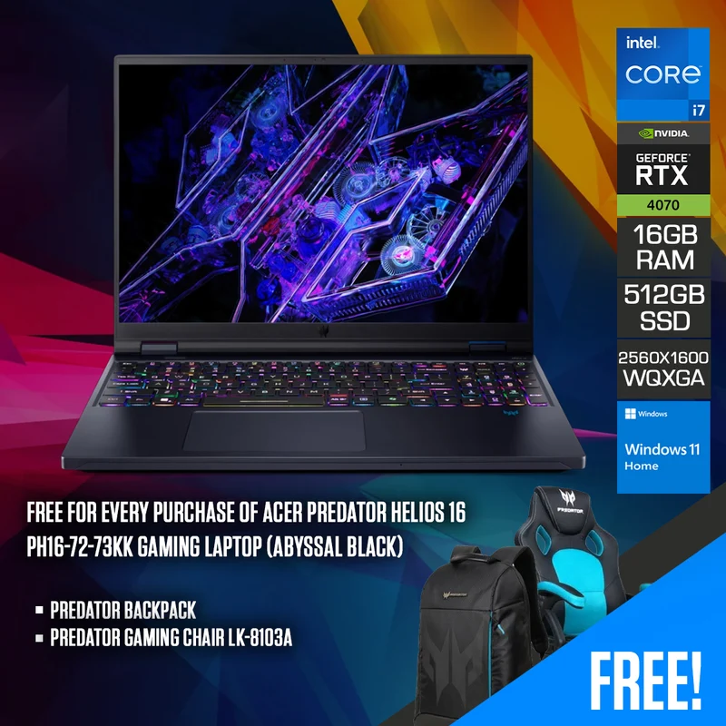 Acer Predator Helios 16 PH16-72-73KK Gaming Laptop (Abyssal Black) | 16" WQXGA (2560x1600) 240Hz | i7-14700HX | 16GB RAM | 512GB SSD | RTX 4070 | Windows 11 Home | Predator Backpack | Predator Gaming Chair LK-8103A