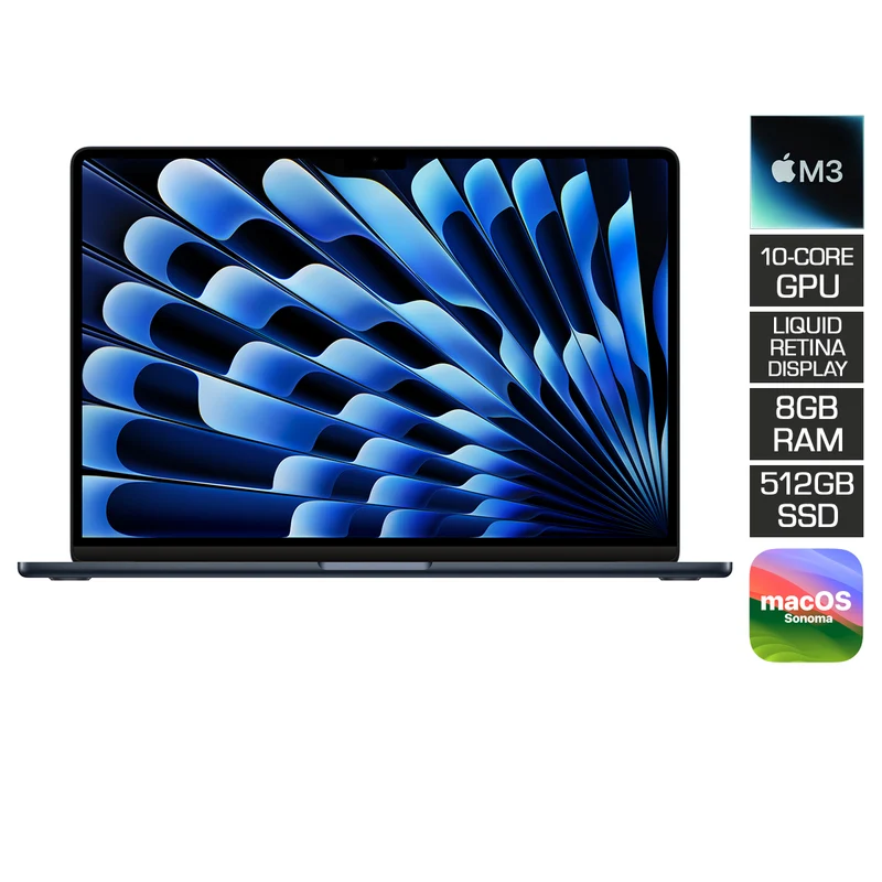 Macbook Air 15" (2024) MRYV3PP/A (Midnight) | M3 Chip | 8-Core CPU | 10-Core GPU | 8GB RAM | 512GB SSD