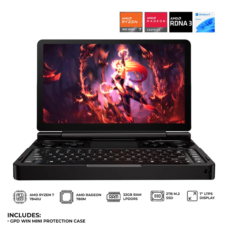 GPD Win Mini AMD Ryzen 7 7840U 7" LTPS Technology 120Hz 32GB RAM + 2TB SSD Windows 11 Clamshell Handheld Gaming Console + GPD Win Mini Protective Case