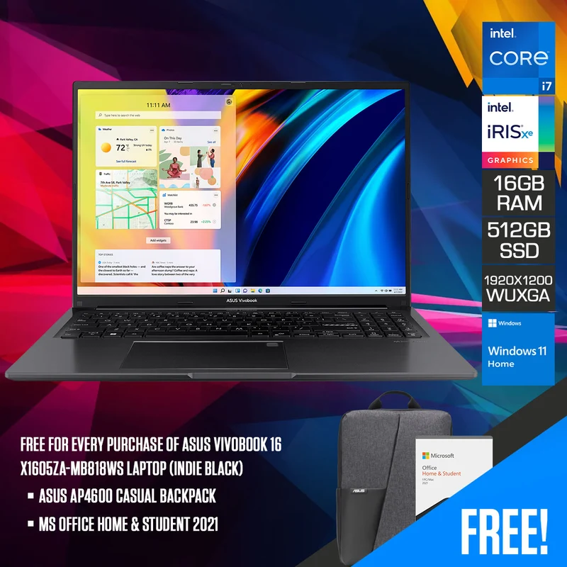 Asus Vivobook 16 X1605ZA-MB818WS Laptop (Indie Black) | 16" WUXGA (1920X1200) | i7-1255U | 16GB RAM | 512GB SSD | Iris Xe | Windows 11 Home | MS Office Home & Student 2021 | AP4600 Casual Backpack