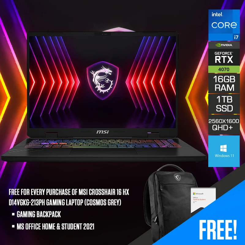 MSI Crosshair 16 HX D14VGKG-213PH Gaming Laptop (Cosmos Grey) | 16" QHD+ (2560X1600) 240HZ IPS | i7-14700HX | 16GB RAM | 1TB SSD | RTX 4070 | Windows 11 | MS Office Home & Student 2021 | Gaming Backpack