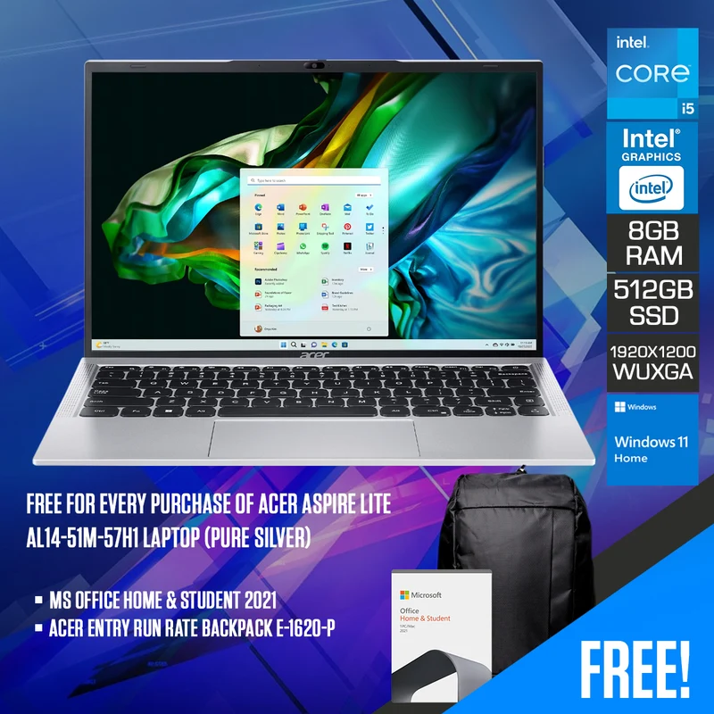 Acer Aspire Lite AL14-51M-57H1 Laptop (Pure Silver) | 14" WUXGA (1920x1200) IPS | i5-1235U | 8GB RAM | 512GB SSD | Intel UHD Graphics | Windows 11 Home | MS Office Home & Student 2021 | Acer Entry Run Rate Backpack E-1620-P